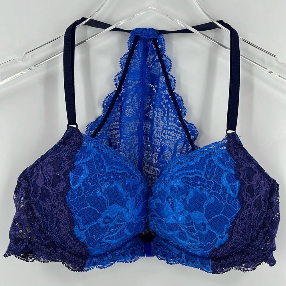 VS Pink Date Racerback Push Up Padded Bra Lace Blue Front Close Underwire 32C